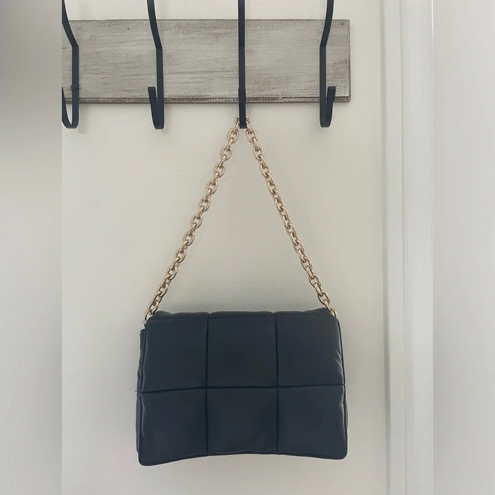 Black Quilted Puffy Vegan Leather Shoulder Bag with Gold Chain Strap - Picture 3 of 7